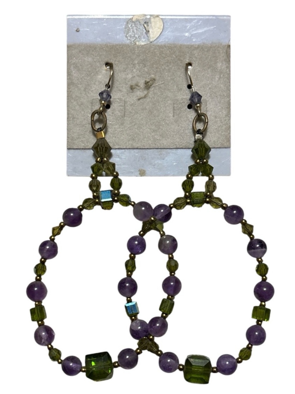 Handmade Olive Green and Amethyst Hoop Bead Earrings - Picture 2 of 2
